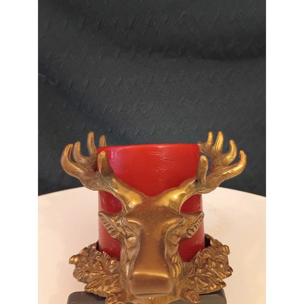Vintage Brass Deer Head Pillar Candle Holder Stag Antler Rustic Cabin Decor Gold